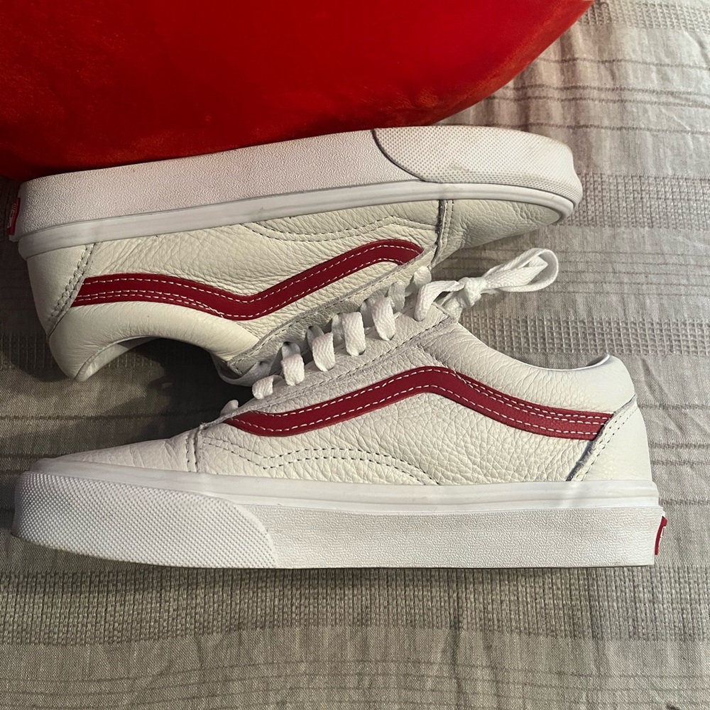 white&red leather vans